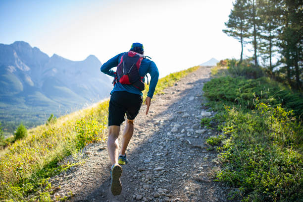 Person running along mountain trail in morning air